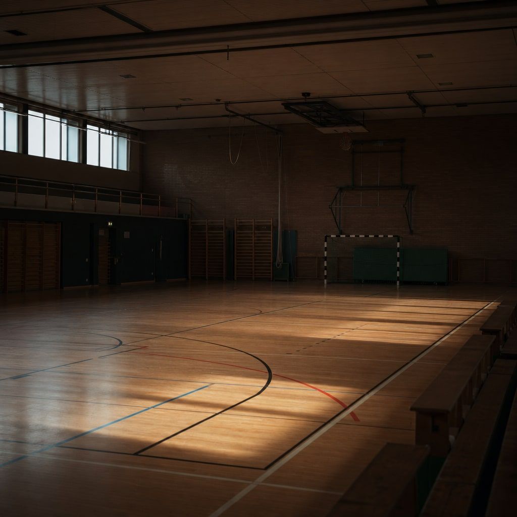 Leere Sporthalle mit an die Wand geschobenen Toren