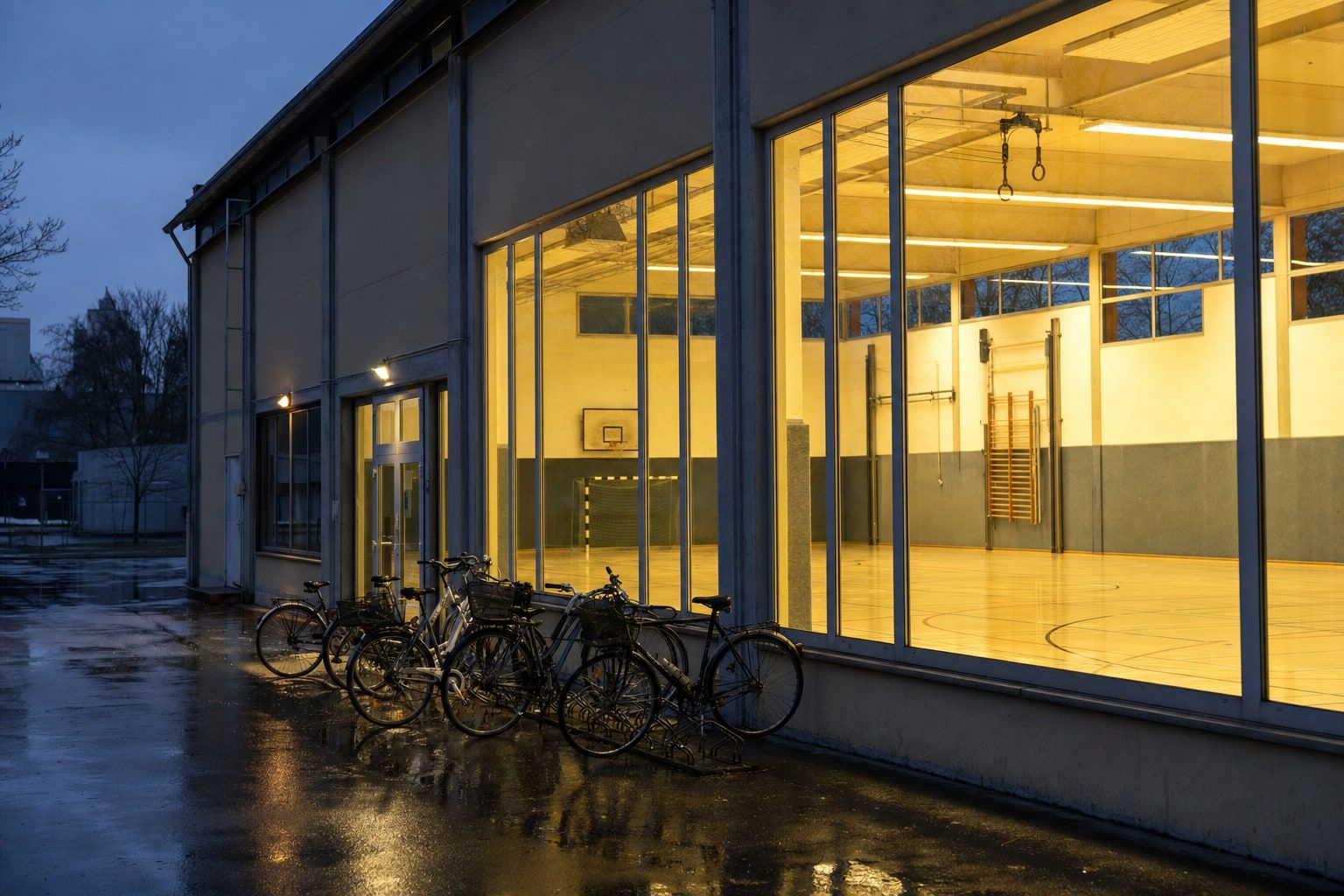 Sporthalle am Abend von außen, Fenster beleuchtet