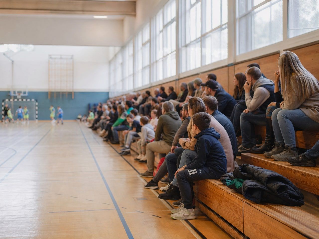 Zuschauerbänke am Rand einer Sporthalle während eines Spiels